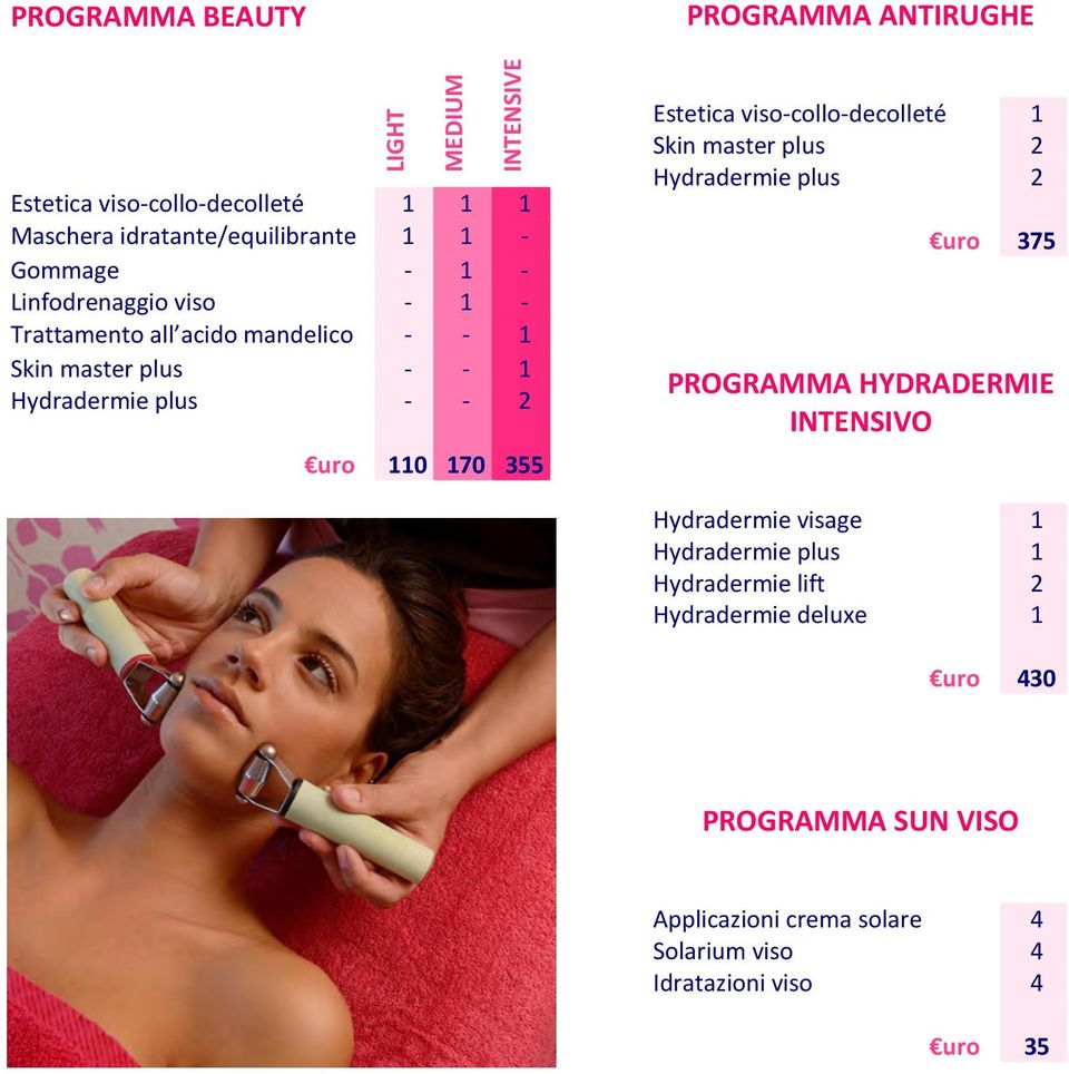 Estetica viso-collo-decolleté 1 Skin master plus 2 Hydradermie plus 2 uro 375 PROGRAMMA HYDRADERMIE INTENSIVO Hydradermie visage 1