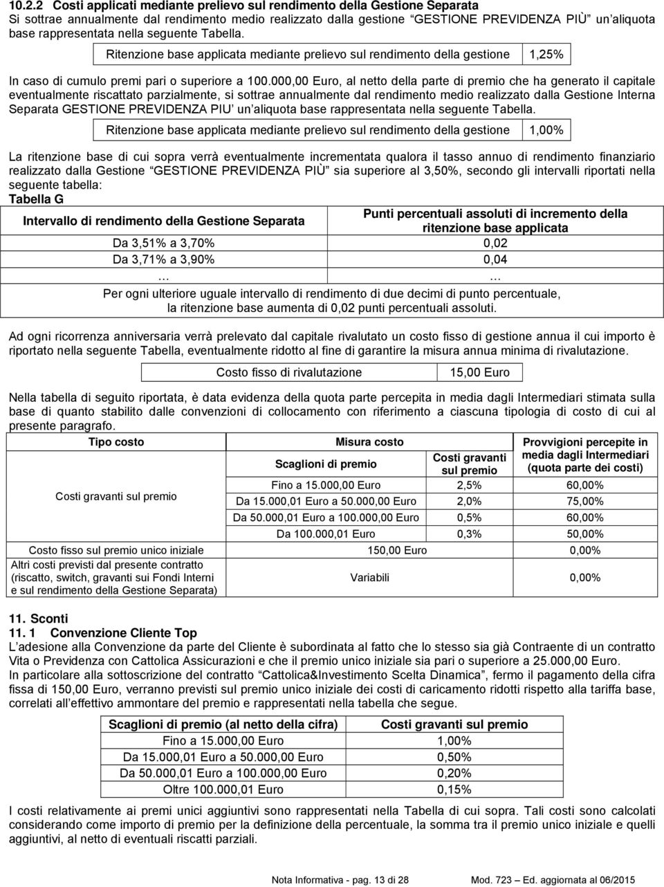 000,00 Euro, al netto della parte di premio che ha generato il capitale eventualmente riscattato parzialmente, si sottrae annualmente dal rendimento medio realizzato dalla Gestione Interna Separata