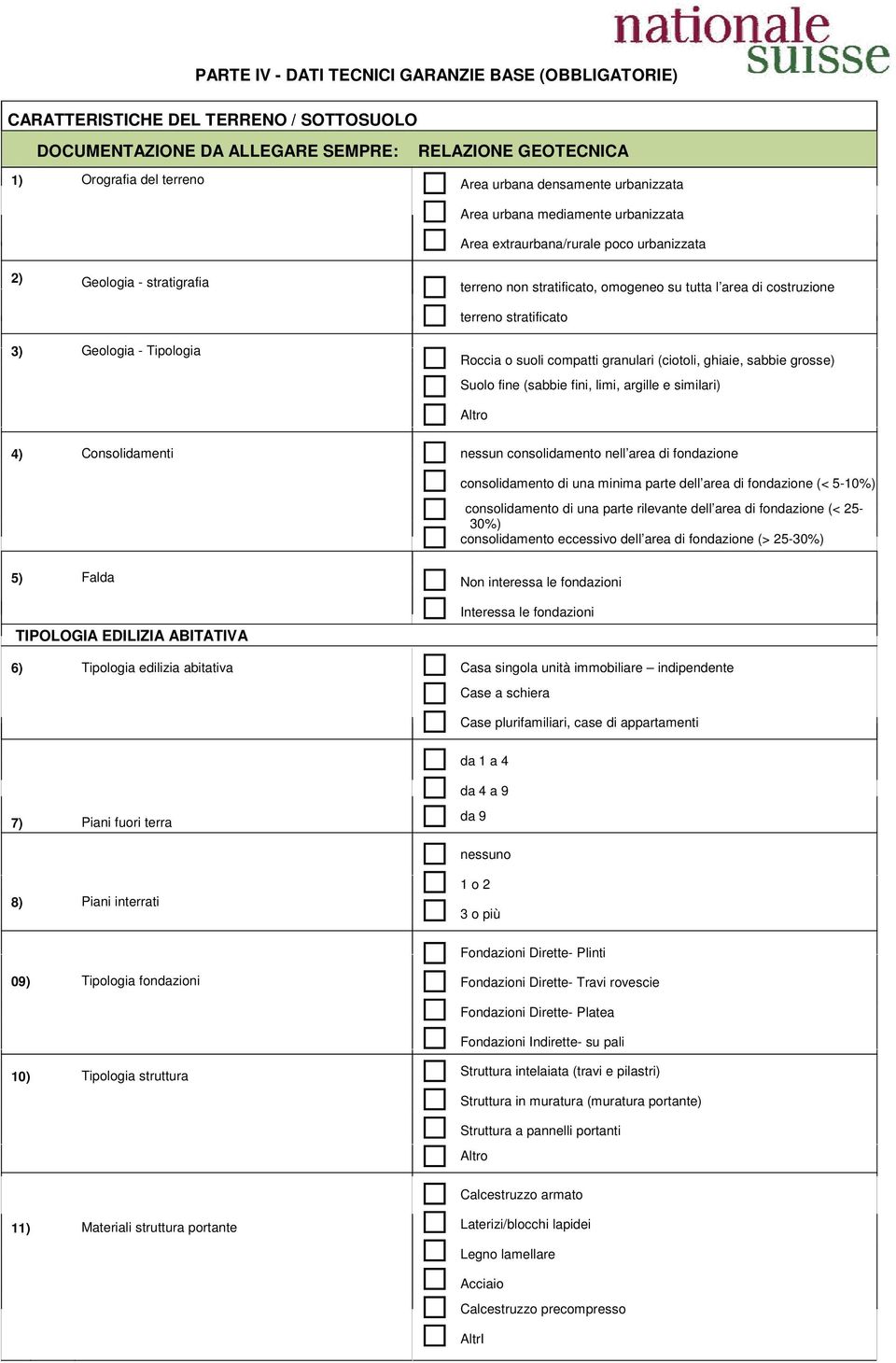 stratificato 3) Geologia - Tipologia Roccia o suoli compatti granulari (ciotoli, ghiaie, sabbie grosse) Suolo fine (sabbie fini, limi, argille e similari) Altro 4) Consolidamenti nessun