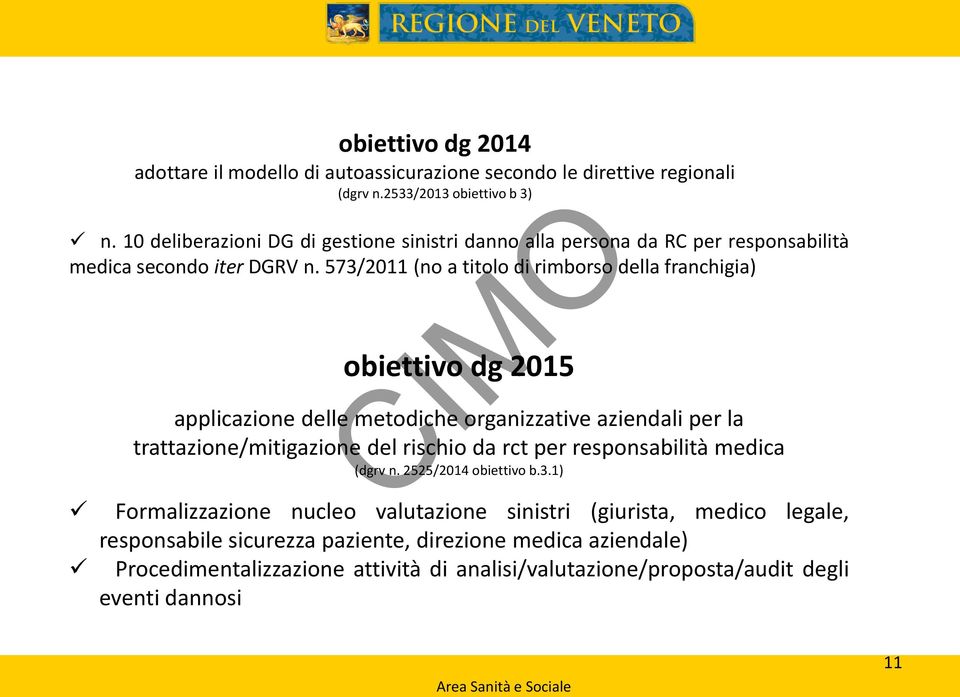 573/2011 (no a titolo di rimborso della franchigia) obiettivo dg 2015 applicazione delle metodiche organizzative aziendali per la trattazione/mitigazione del rischio da rct