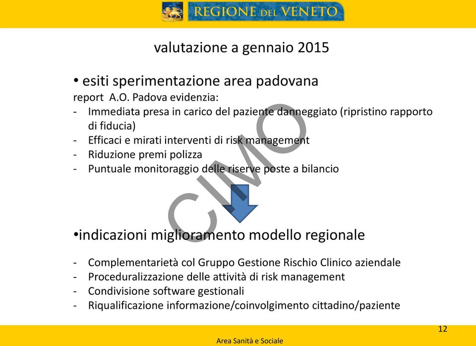 management - Riduzione premi polizza - Puntuale monitoraggio delle riserve poste a bilancio indicazioni miglioramento modello regionale -