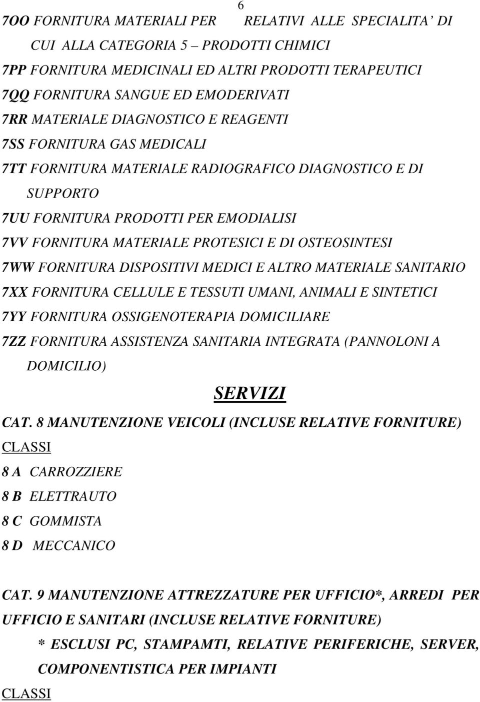 OSTEOSINTESI 7WW FORNITURA DISPOSITIVI MEDICI E ALTRO MATERIALE SANITARIO 7XX FORNITURA CELLULE E TESSUTI UMANI, ANIMALI E SINTETICI 7YY FORNITURA OSSIGENOTERAPIA DOMICILIARE 7ZZ FORNITURA ASSISTENZA