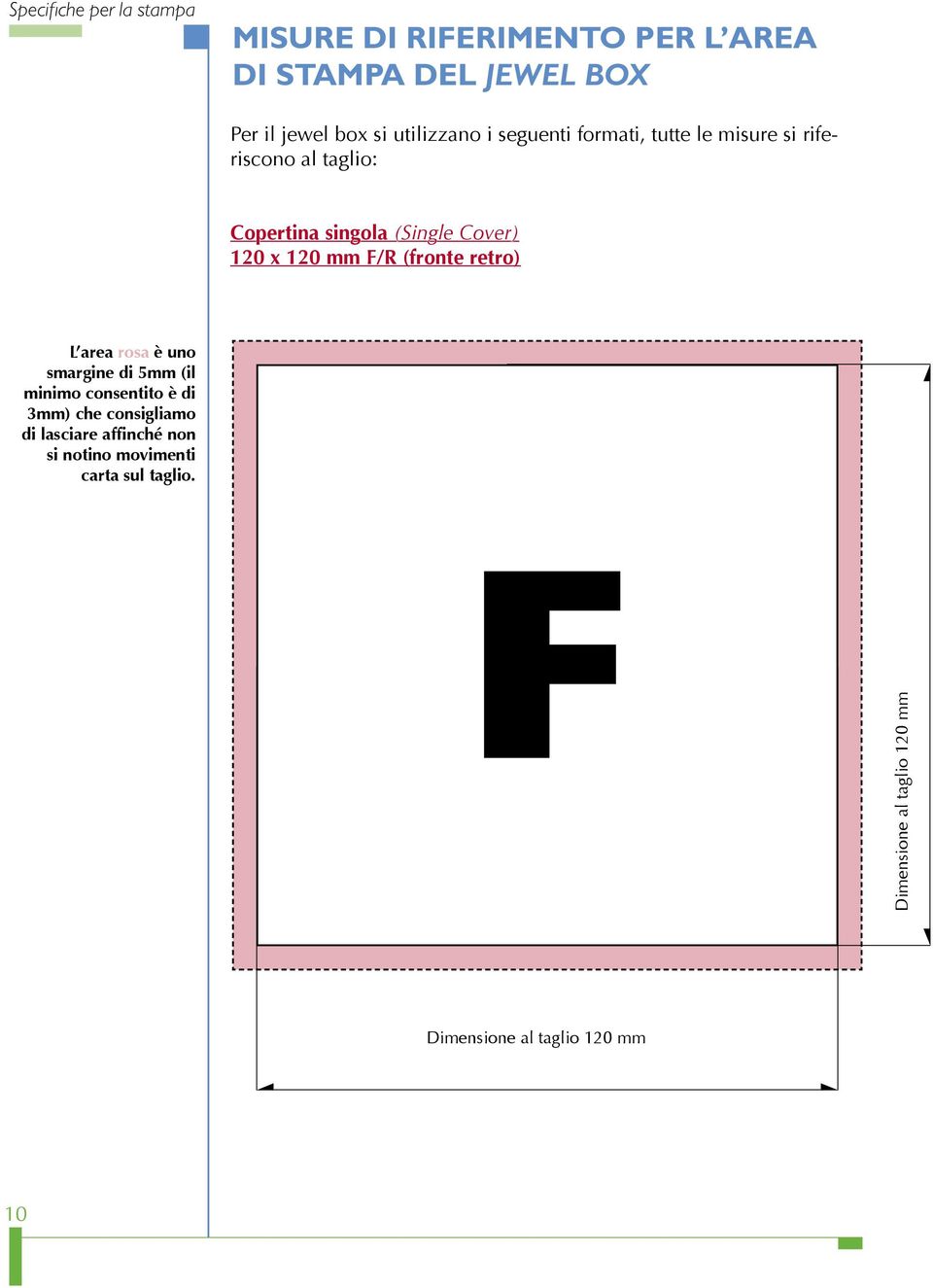120 mm F/R (fronte retro) L area rosa è uno smargine di 5mm (il minimo consentito è di 3mm) che consigliamo di