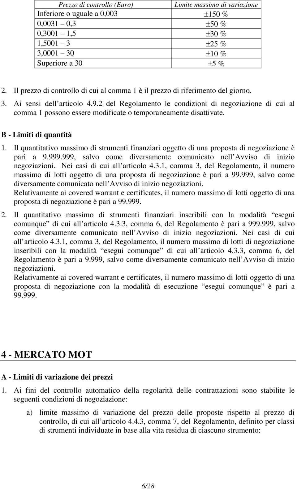 2 del Regolamento le condizioni di negoziazione di cui al comma 1 possono essere modificate o temporaneamente disattivate. B - Limiti di quantità 1.