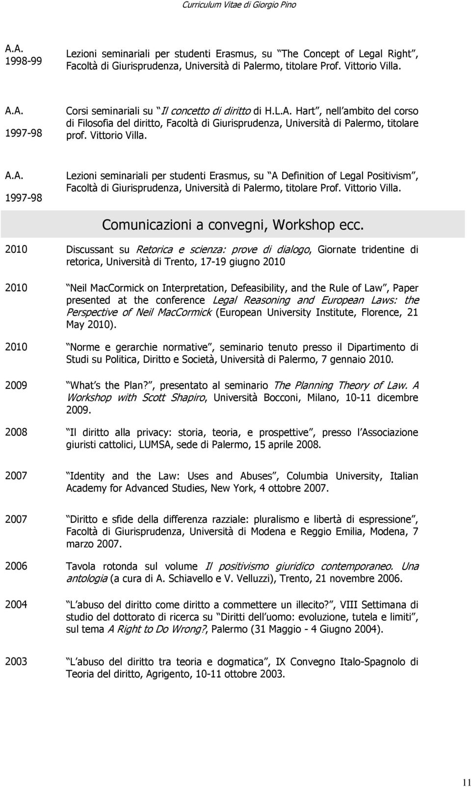 1997-98 Lezioni seminariali per studenti Erasmus, su A Definition of Legal Positivism, Facoltà di Giurisprudenza, Università di Palermo, titolare Prof. Vittorio Villa.