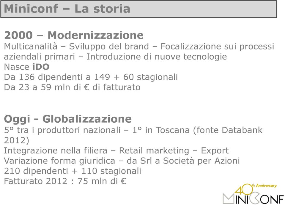 Globalizzazione 5 tra i produttori nazionali 1 in Toscana (fonte Databank 2012) Integrazione nella filiera Retail