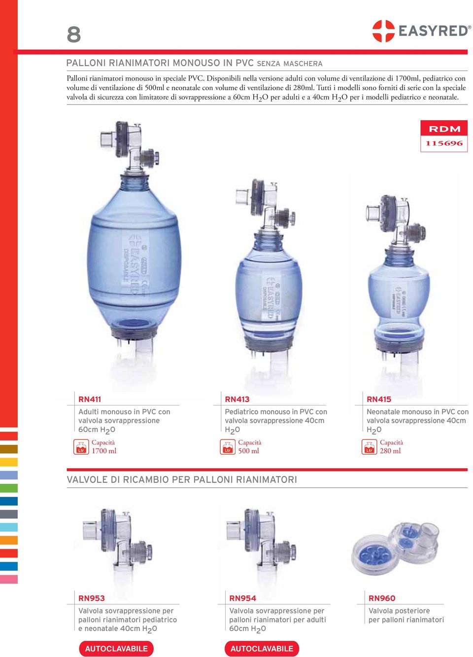 Tutti i modelli sono forniti di serie con la speciale valvola di sicurezza con limitatore di sovrappressione a 60cm H 2 O per adulti e a 40cm H 2 O per i modelli pediatrico e neonatale.