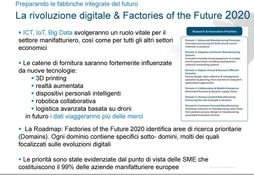 logistica avanzata basata su droni in futuro i dati viaggeranno più delle merci La Roadmap: Factories of the Future 2020 identifica aree di ricerca prioritarie (Domains).