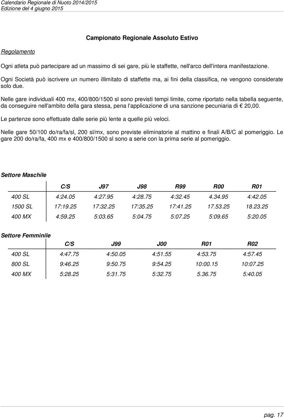 Nelle gare individuali 400 mx, 400/800/1500 sl sono previsti tempi limite, come riportato nella tabella seguente, da conseguire nell'ambito della gara stessa, pena l'applicazione di una sanzione