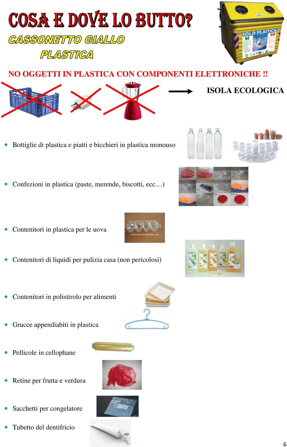 merende, biscotti, ecc ) Contenitori in plastica per le uova Contenitori di liquidi per pulizia casa (non