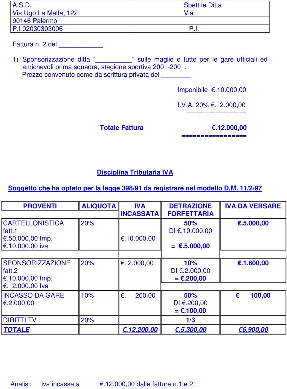 000,00 I.V.A. 20%. 2.000,00 --------------------------- Totale Fattura.12.000,00 ================= Disciplina Tributaria IVA Soggetto che ha optato per la legge 398/91 da registrare nel modello D.M.