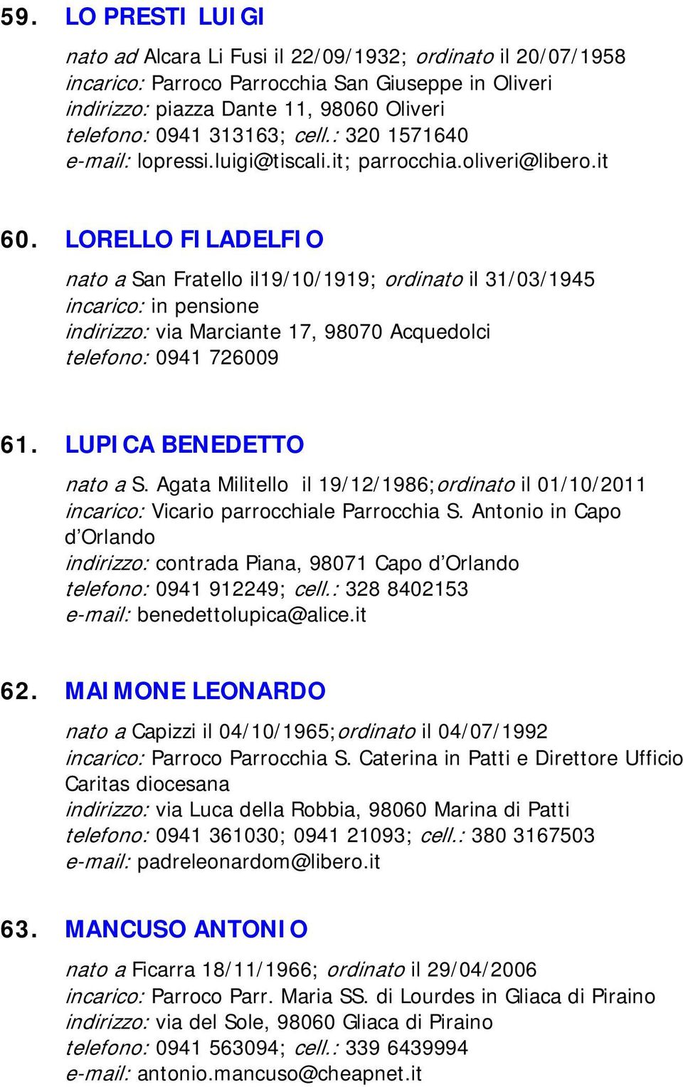 LORELLO FILADELFIO nato a San Fratello il19/10/1919; ordinato il 31/03/1945 indirizzo: via Marciante 17, 98070 Acquedolci telefono: 0941 726009 61. LUPICA BENEDETTO nato a S.