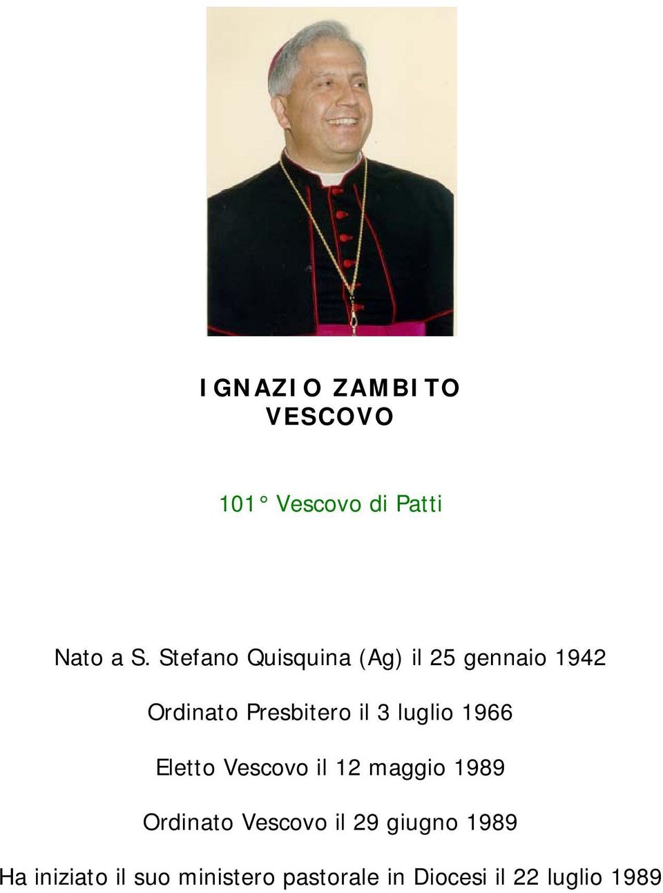 luglio 1966 Eletto Vescovo il 12 maggio 1989 Ordinato Vescovo il 29