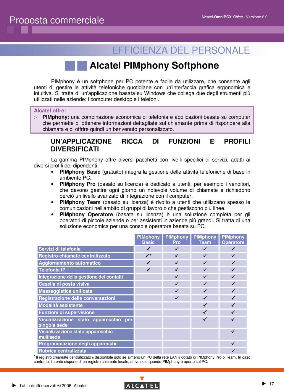 Alcatel offre: > PIMphony: una combinazione economica di telefonia e applicazioni basate su computer che permette di ottenere informazioni dettagliate sul chiamante prima di rispondere alla chiamata