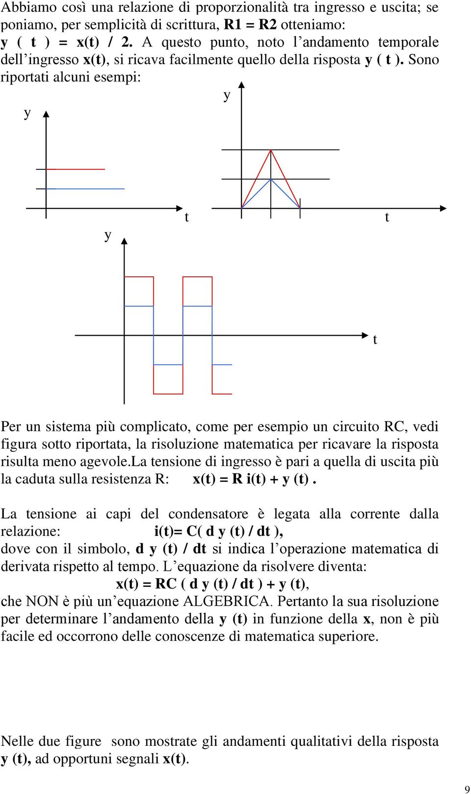 Sono riportati alcuni esempi: y y y t t t Per un sistema più complicato, come per esempio un circuito RC, vedi figura sotto riportata, la risoluzione matematica per ricavare la risposta risulta meno