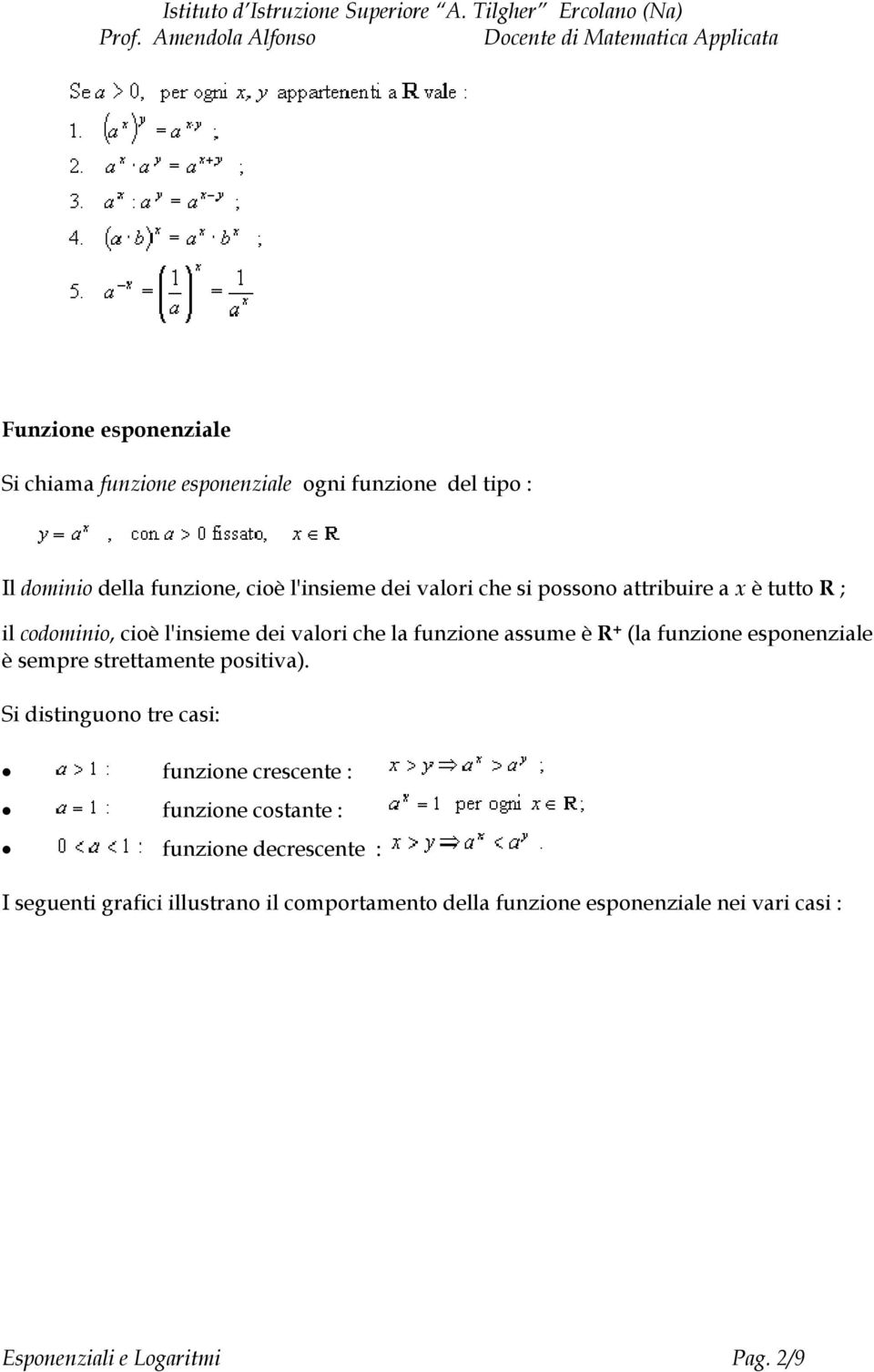 che la funzione assume è R + (la funzione esponenziale è sempre strettamente positiva) Si distinguono tre casi: funzione crescente : funzione