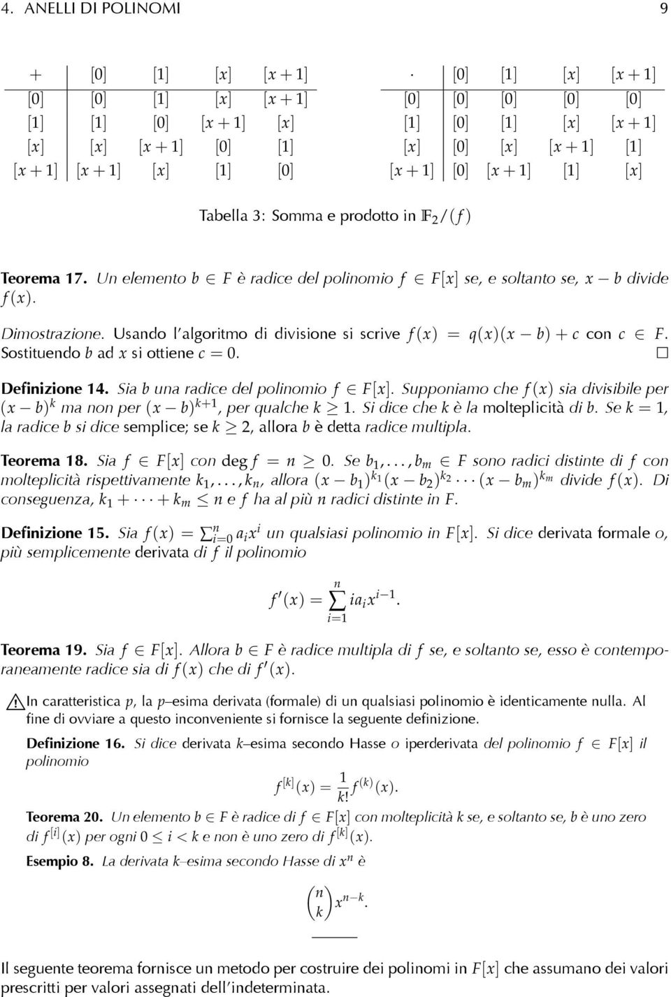 Dimostrazione. Usando l algoritmo di divisione si scrive f (x) = q(x)(x b) + c con c F. Sostituendo b ad x si ottiene c = 0. Definizione 14. Sia b una radice del polinomio f F[x].