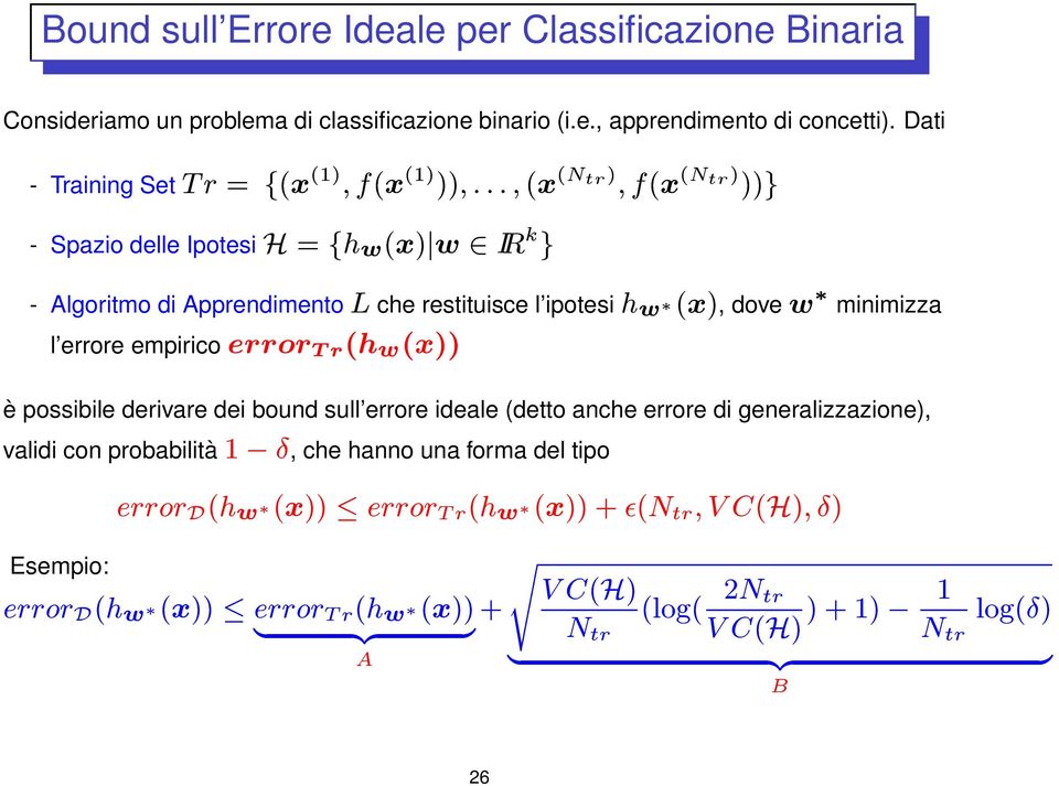 % & ' &* - Algoritmo di Apprendimento ( &* $ )0 *&0 ( &* # $ # )( Bound sull Errore Ideale per Classificazione Binaria