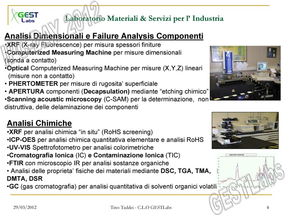 microscopy (C-SAM) per la determinazione, non distruttiva, delle delaminazione dei componenti Analisi Chimiche XRF per analisi chimica in situ (RoHS screening) ICP-OES per analisi chimica