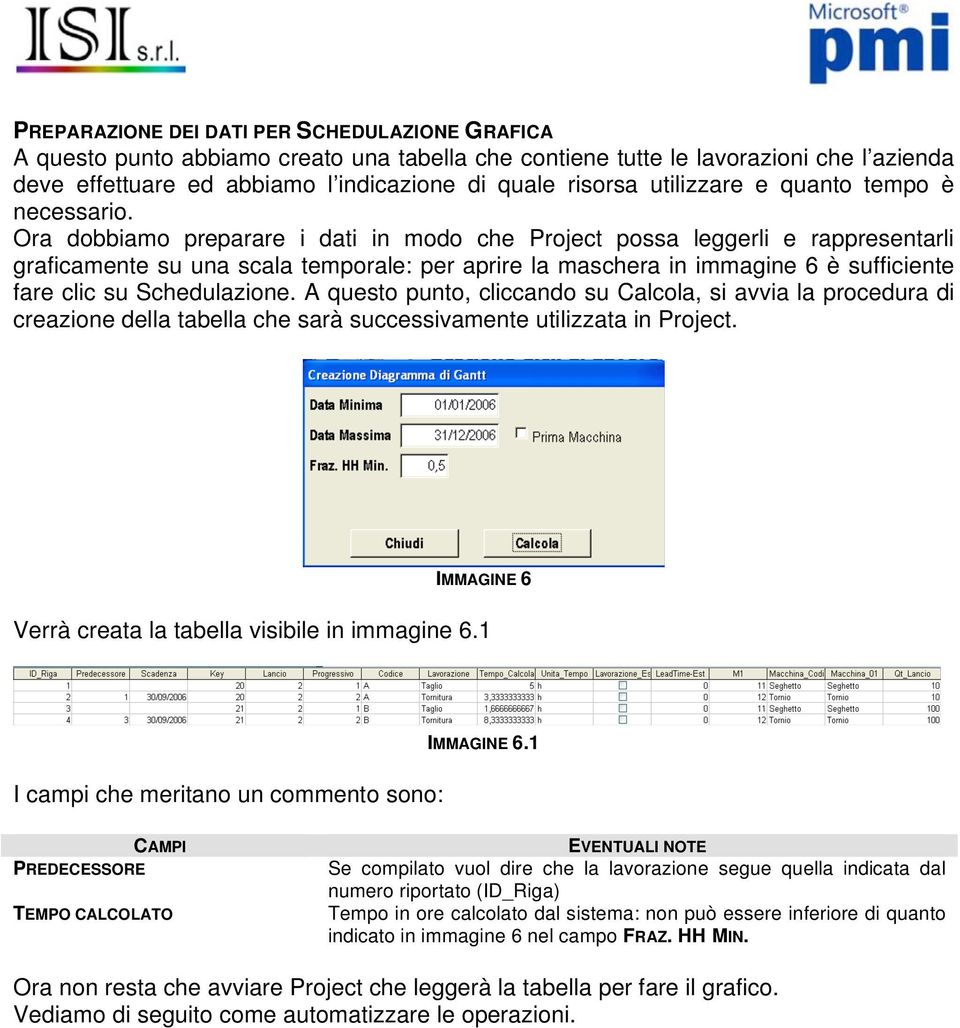 Ora dobbiamo preparare i dati in modo che Project possa leggerli e rappresentarli graficamente su una scala temporale: per aprire la maschera in immagine 6 è sufficiente fare clic su Schedulazione.