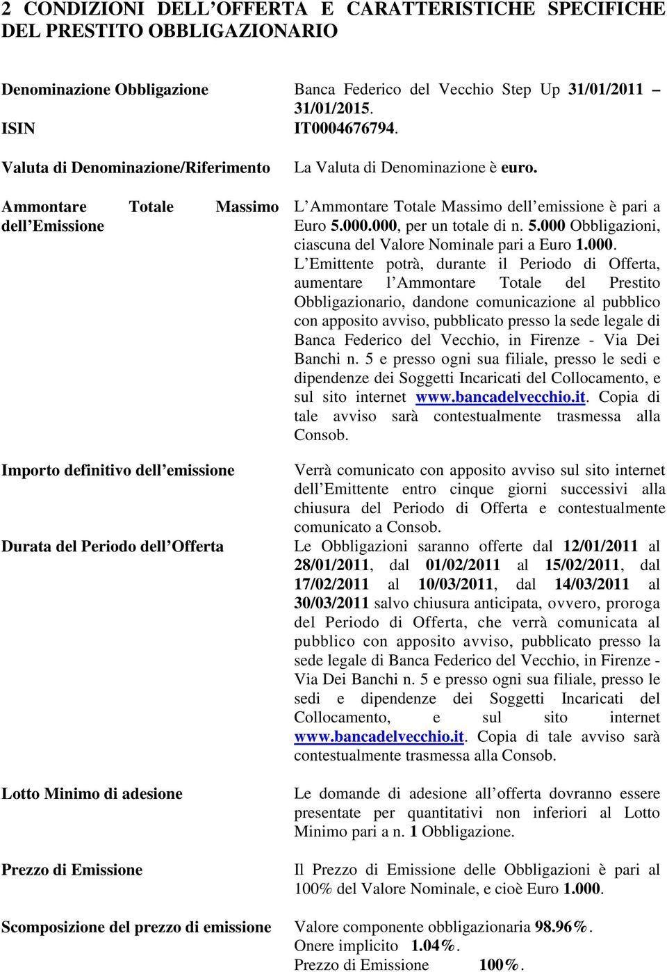 Denominazione è euro. L Ammontare Totale Massimo dell emissione è pari a Euro 5.000.