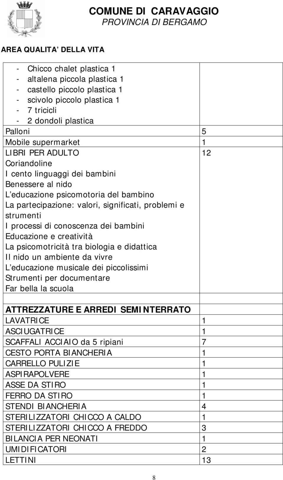 Educazione e creatività La psicomotricità tra biologia e didattica Il nido un ambiente da vivre L educazione musicale dei piccolissimi Strumenti per documentare Far bella la scuola ATTREZZATURE E