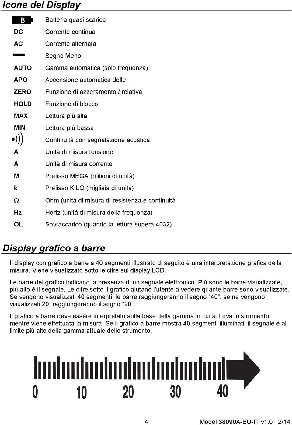 unità) k Prefisso KILO (migliaia di unità) Ohm (unità di misura di resistenza e continuità Hz Hertz (unità di misura della frequenza) OL Sovraccarico (quando la lettura supera 4032) Display grafico a