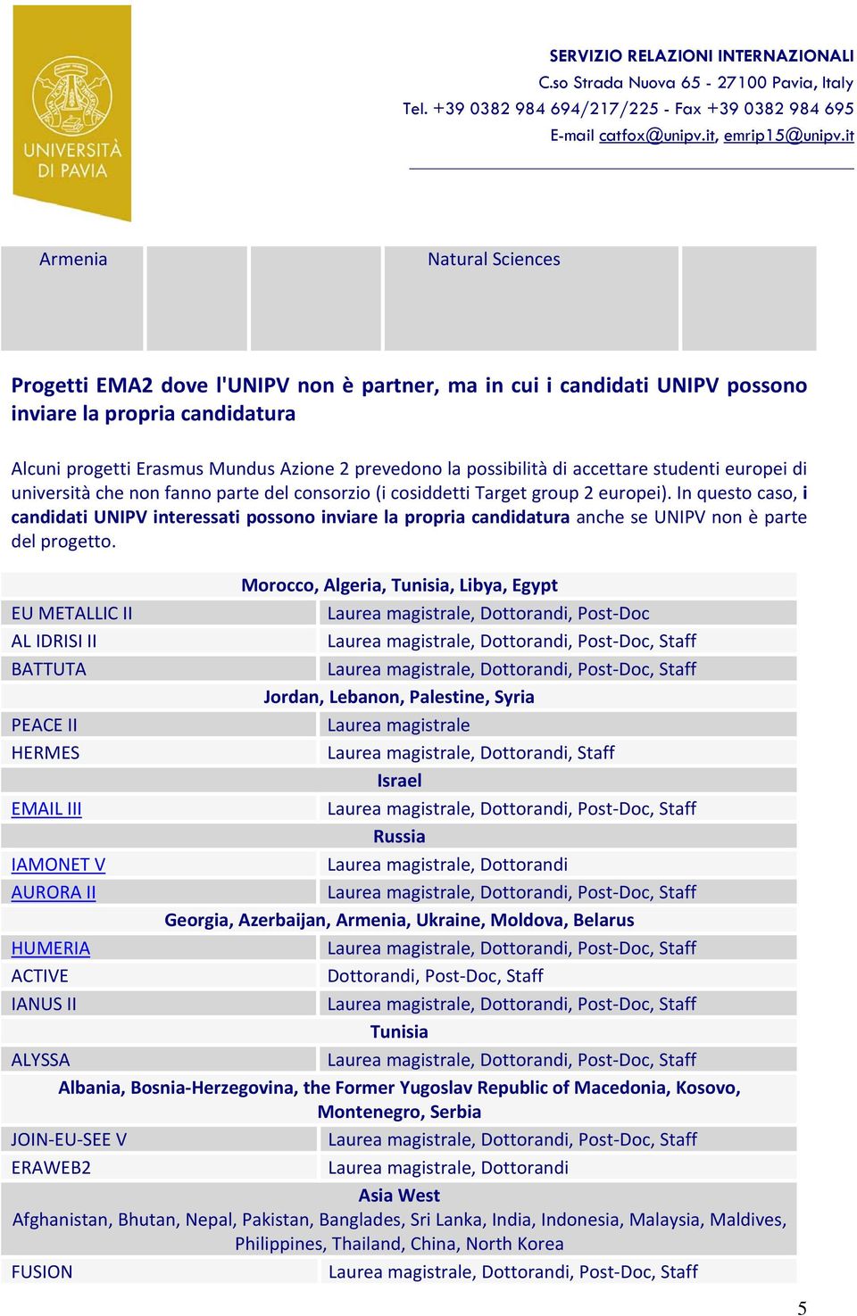 In questo caso, i candidati UNIPV interessati possono inviare la propria candidatura anche se UNIPV non è parte del progetto.