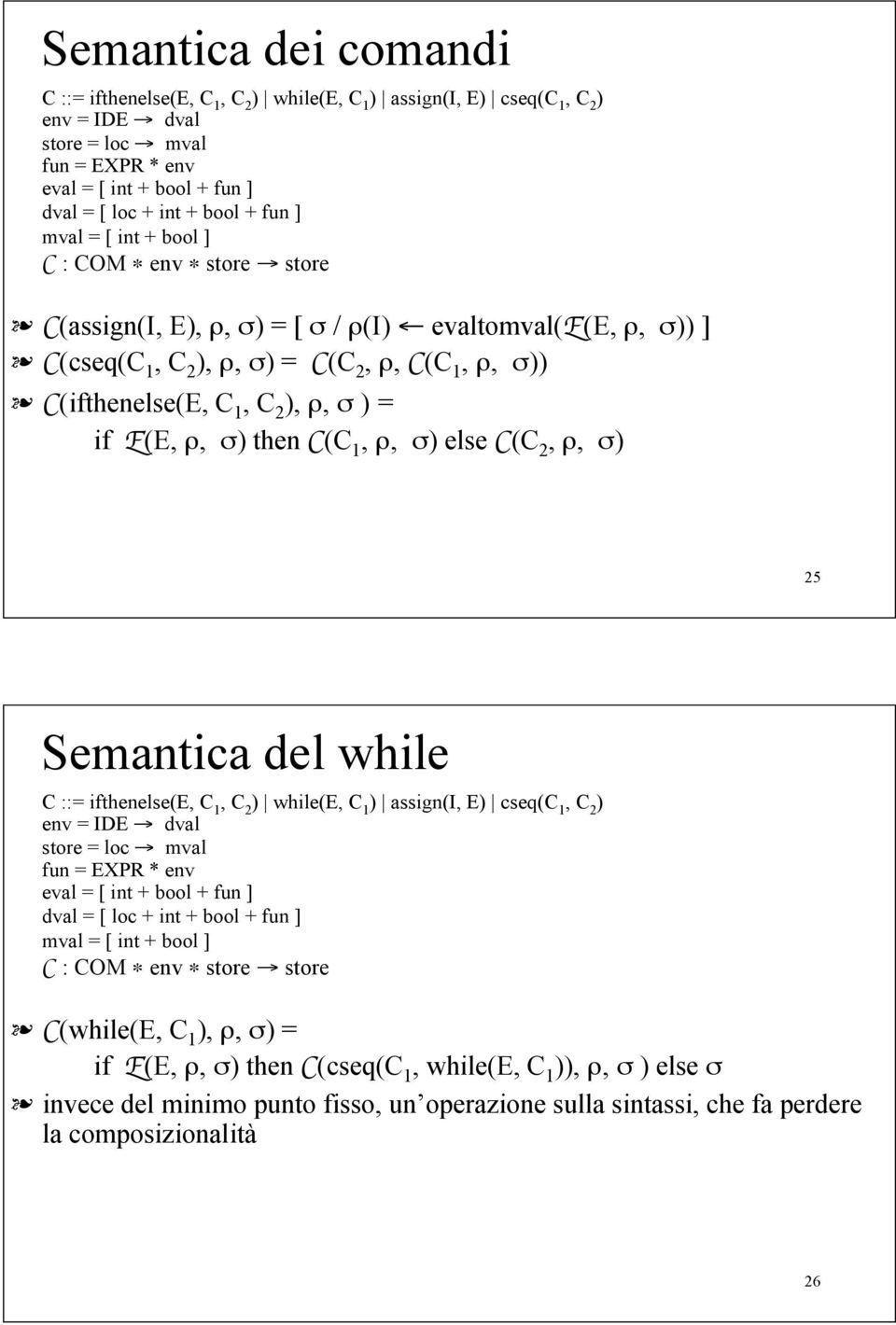 (e, ", %) then "(C 1, ", %) else "(C 2, ", %) 25 Semantica del while C ::= ifthenelse(e, C 1 ) while(e, C 1 ) assign(i, E) cseq(c 1 ) fun = EXPR * env " : COM (