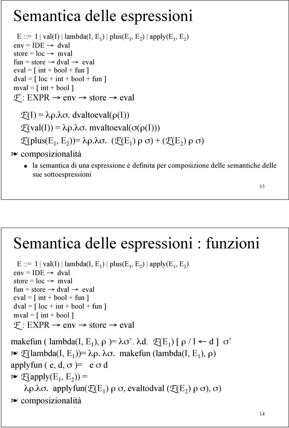 composizionalità " la semantica di una espressione è definita per composizione delle semantiche delle sue sottoespressioni 13 Semantica delle espressioni : funzioni E ::= I val(i) lambda(i, E 1 )