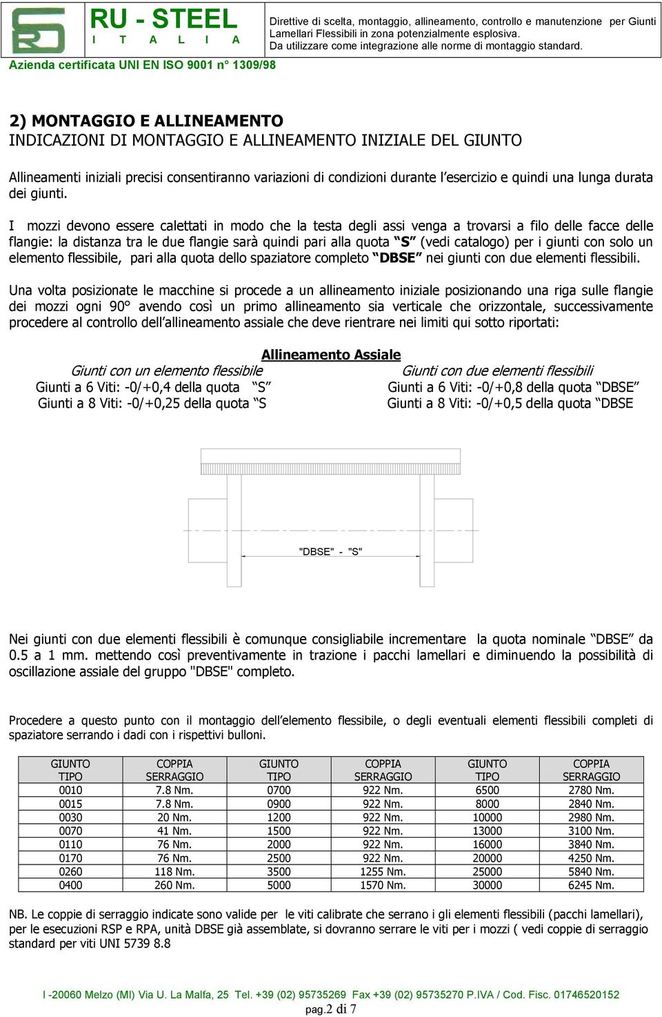 I mozzi devono essere calettati in modo che la testa degli assi venga a trovarsi a filo delle facce delle flangie: la distanza tra le due flangie sarà quindi pari alla quota S (vedi catalogo) per i