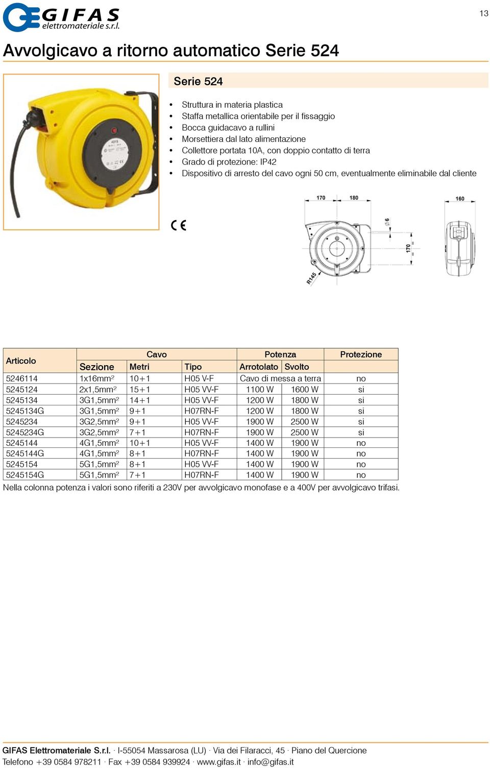 Sezione Metri Tipo Arrotolato Svolto 5246114 1x16mm² 10+1 H05 V-F Cavo di messa a terra no 5245124 2x1,5mm² 15+1 H05 VV-F 1100 W 1600 W si 5245134 3G1,5mm² 14+1 H05 VV-F 1200 W 1800 W si 5245134G