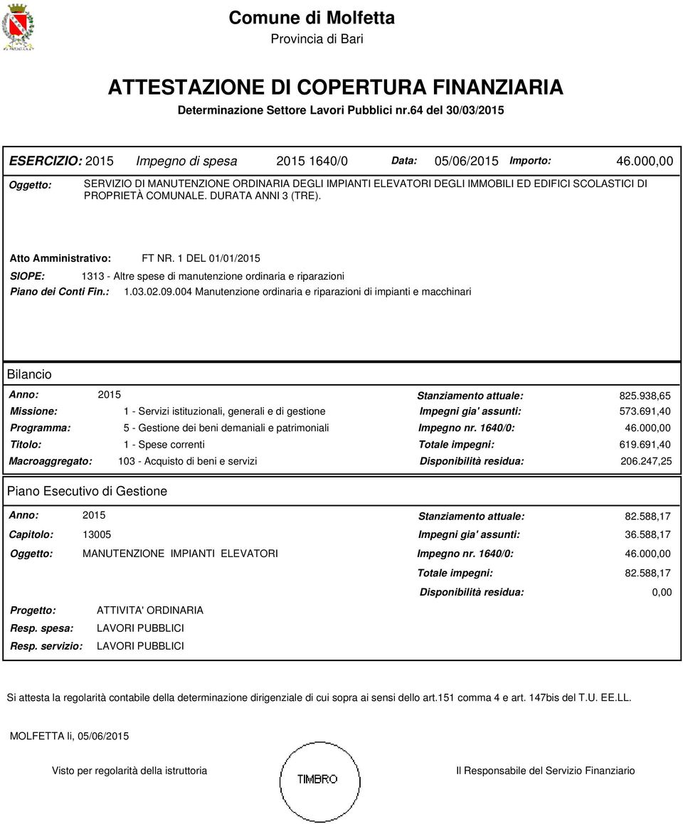 COMUNALE. DURATA ANNI 3 (TRE). Atto Amministrativo: FT NR. 1 DEL 01/01/2015 SIOPE: 1313 - Altre spese di manutenzione ordinaria e riparazioni Piano dei Conti Fin.: 1.03.02.09.