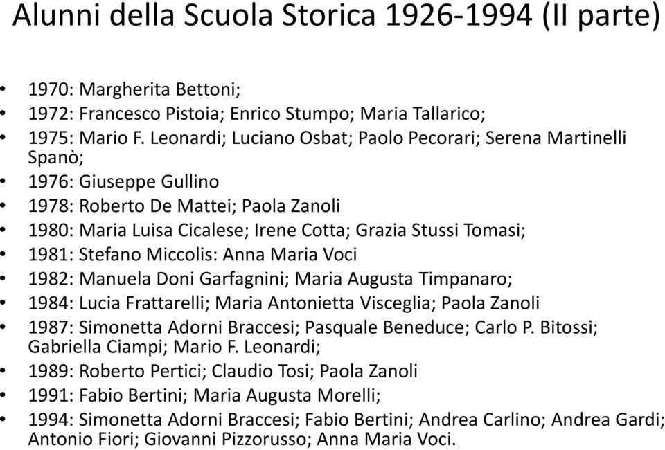 Stefano Miccolis: Anna Maria Voci 1982: Manuela Doni Garfagnini; Maria Augusta Timpanaro; 1984: Lucia Frattarelli; Maria Antonietta Visceglia; Paola Zanoli 1987: Simonetta Adorni Braccesi; Pasquale