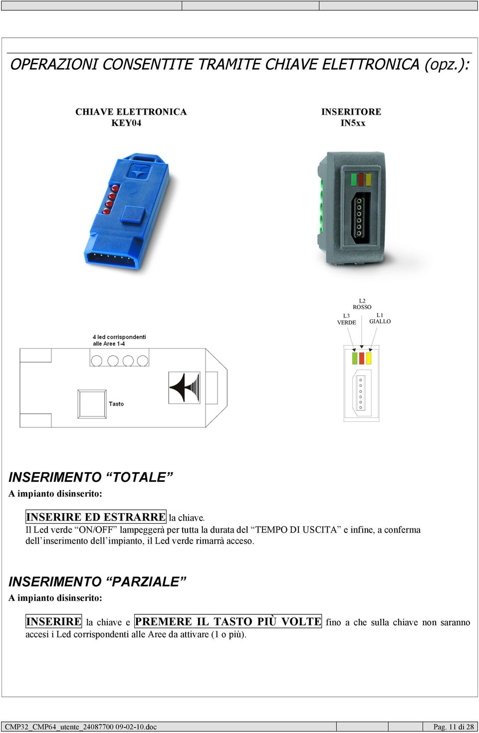 VERDE L2 ROSSO L1 GIALLO K + L3 L2 L1 INSERITORE SERIE IN3xx INSERIMENTO TOTALE A impianto disinserito: INSERIRE ED ESTRARRE la chiave.