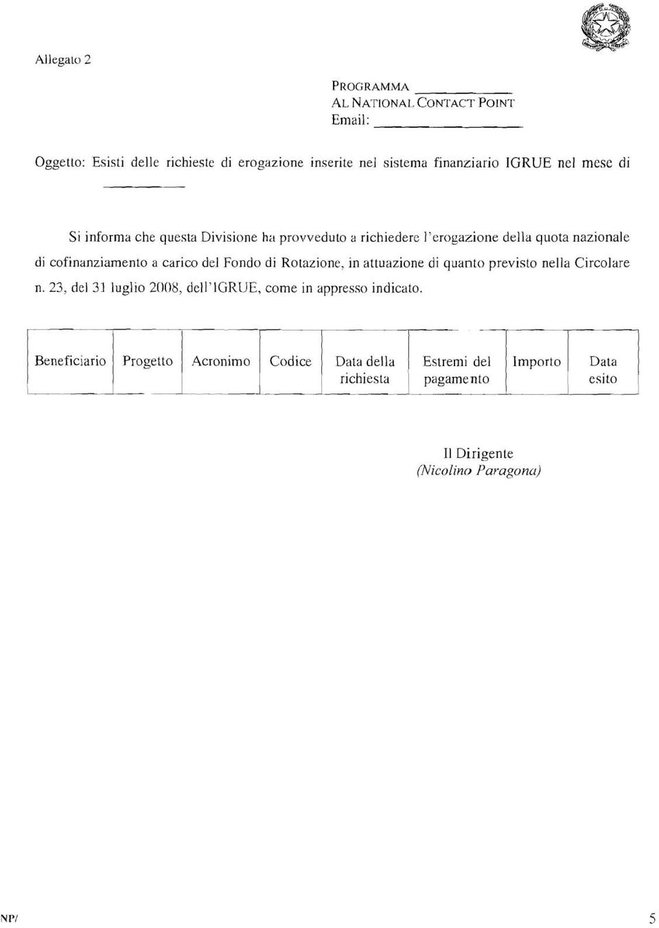 cofinanziamento a carico del Fondo di Rotazione, in attuazione di quanto previsto nella Circolare n.