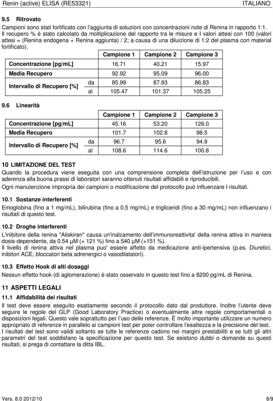 plasma con material fortificato). Campione 1 Campione 2 Campione 3 Concentrazione [pg/ml] 16.71 40.21 15.97 Media Recupero 92.92 95.09 96.00 Intervallo di Recupero [%] 9.6 Linearità da 85.99 87.93 86.