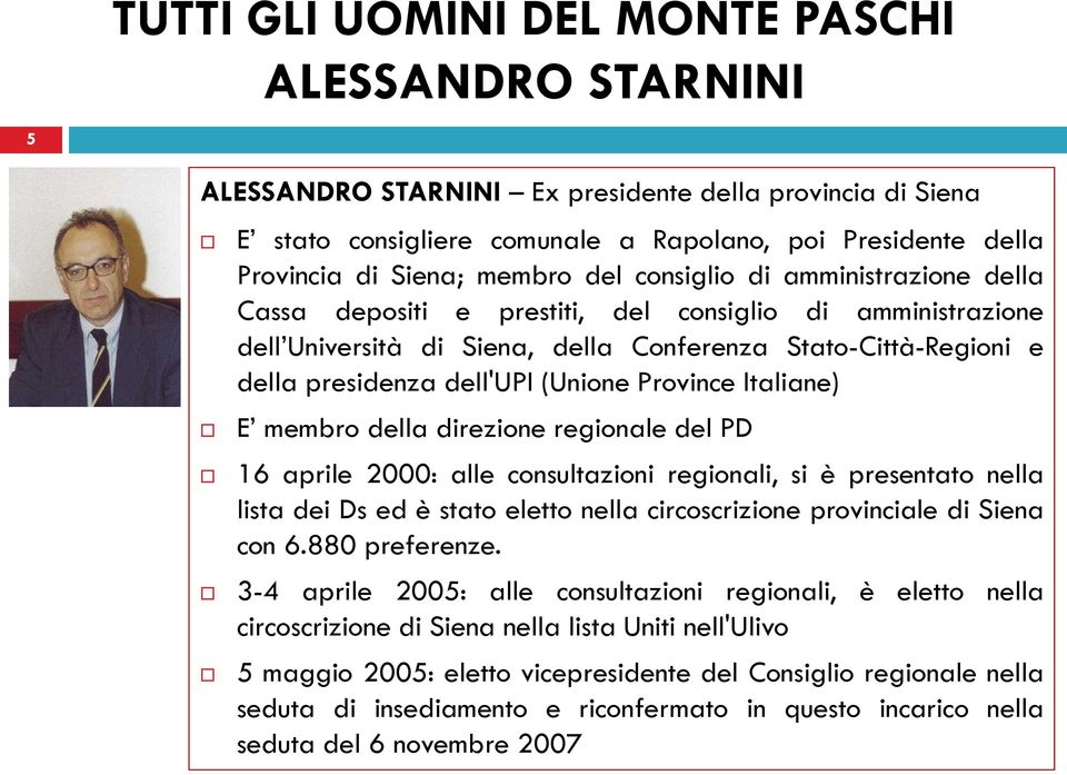E membro della direzione regionale del PD 16 aprile 2000: alle consultazioni regionali, si è presentato nella lista dei Ds ed è stato eletto nella circoscrizione provinciale di Siena con 6.