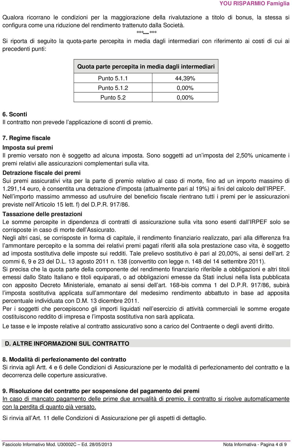 1 44,39% Punto 5.1.2 0,00% Punto 5.2 0,00% 6. Sconti Il contratto non prevede l applicazione di sconti di premio. 7.