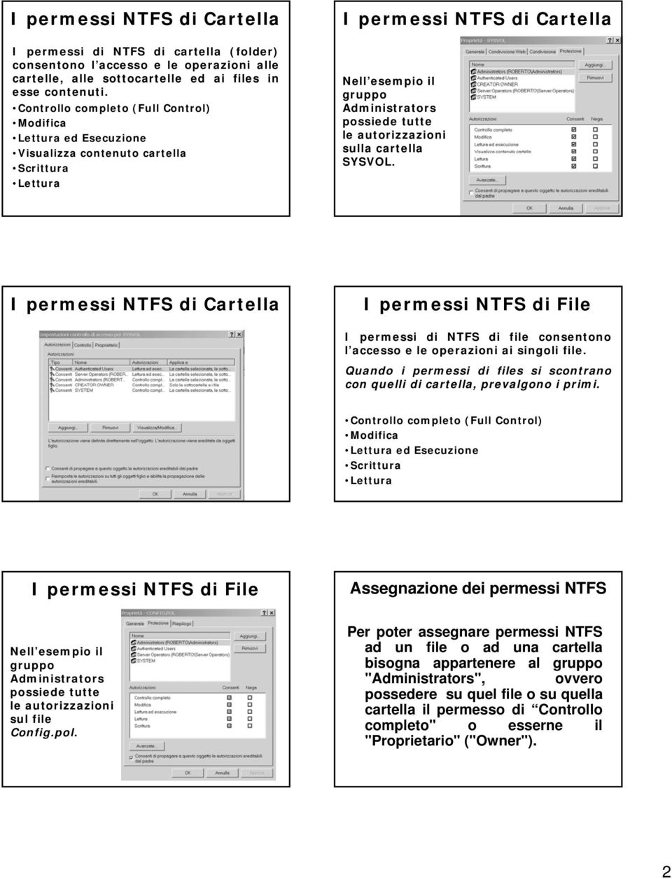 I permessi NTFS di Cartella I permessi NTFS di File I permessi di NTFS di file consentono l accesso e le operazioni ai singoli file.