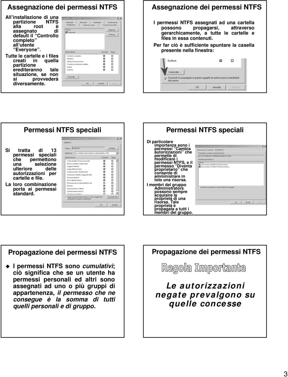 Assegnazione dei permessi NTFS I permessi NTFS assegnati ad una cartella possono propagarsi, attraverso gerarchicamente, a tutte le cartelle e files in essa contenuti.