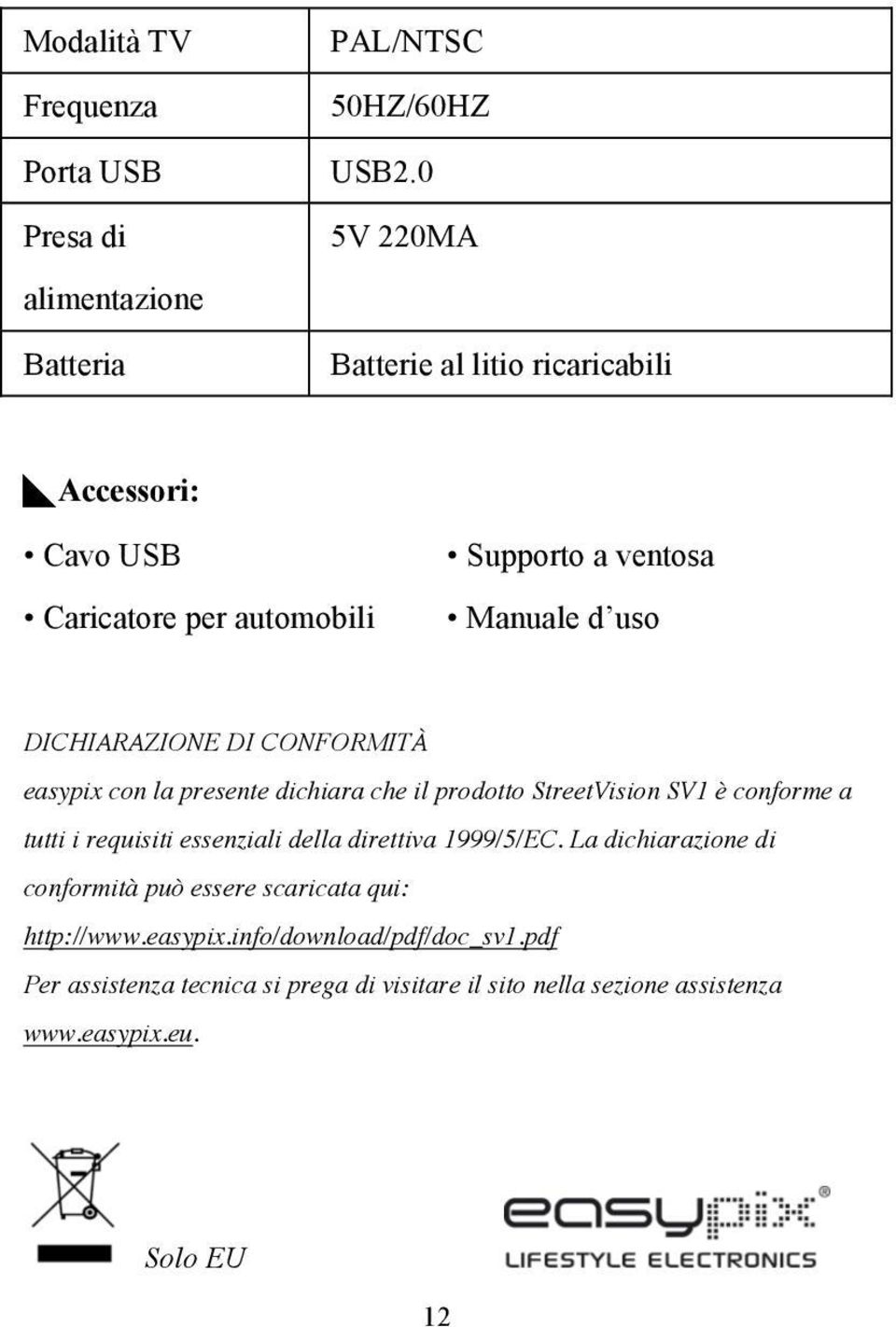 CONFORMITÀ easypix con la presente dichiara che il prodotto StreetVision SV1 è conforme a tutti i requisiti essenziali della direttiva 1999/5/EC.