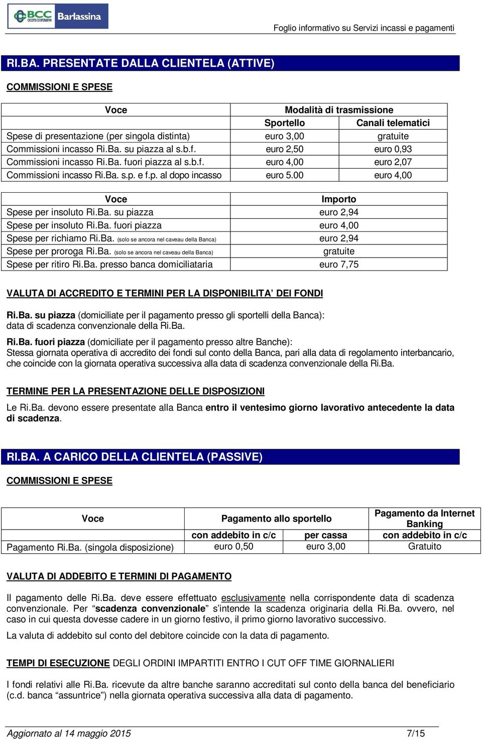 00 euro 4,00 Importo Spese per insoluto Ri.Ba. su piazza euro 2,94 Spese per insoluto Ri.Ba. fuori piazza euro 4,00 Spese per richiamo Ri.Ba. (solo se ancora nel caveau della Banca) euro 2,94 Spese per proroga Ri.