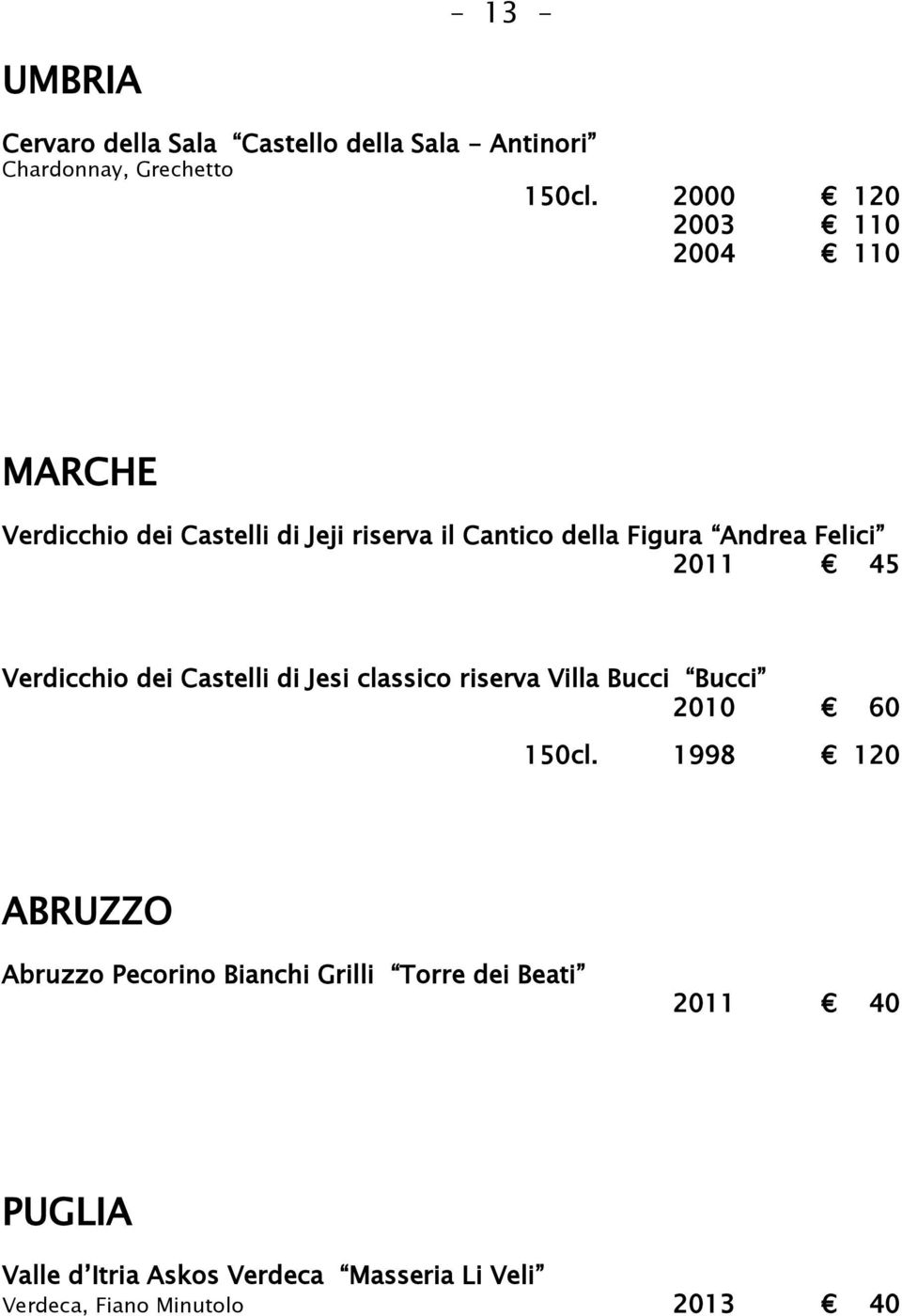2011 45 Verdicchio dei Castelli di Jesi classico riserva Villa Bucci Bucci 2010 60 150cl.