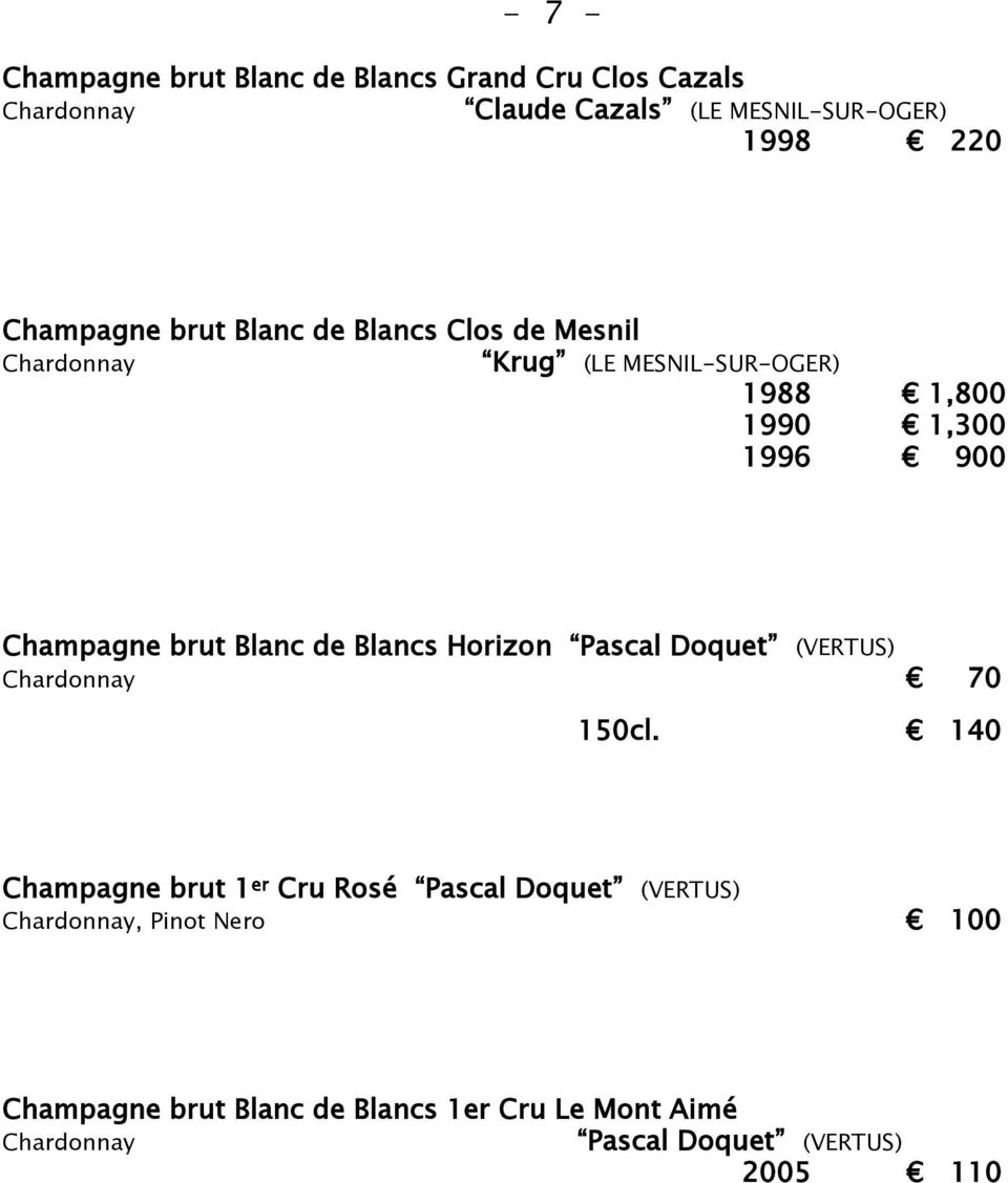 Champagne brut Blanc de Blancs Horizon Pascal Doquet (VERTUS) Chardonnay 70 150cl.