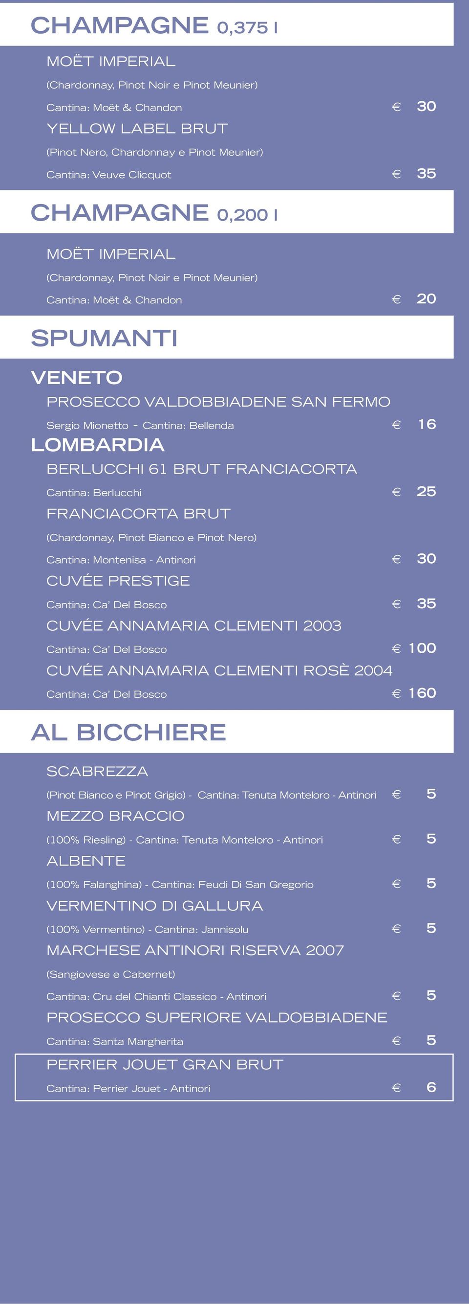 61 BRUT FRANCIACORTA Cantina: Berlucchi 25 FRANCIACORTA BRUT (Chardonnay, Pinot Bianco e Pinot Nero) Cantina: Montenisa - Antinori 30 CUVÉE PRESTIGE Cantina: Ca Del Bosco 35 CUVÉE ANNAMARIA CLEMENTI