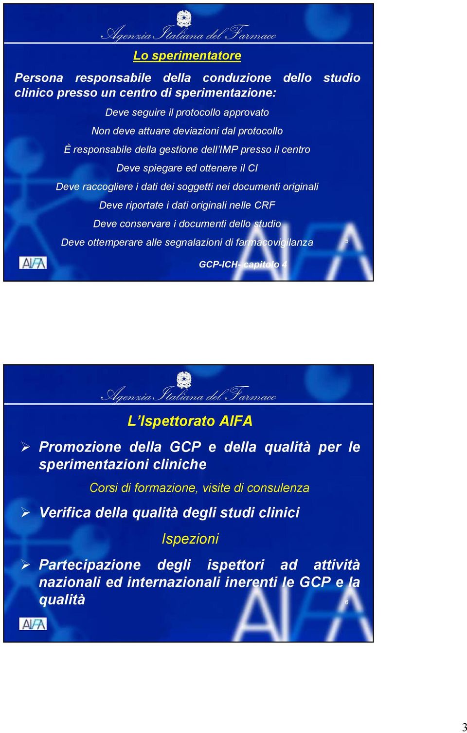 conservare i documenti dello studio Deve ottemperare alle segnalazioni di farmacovigilanza GCP-ICH- capitolo 4 5 L Ispettorato AIFA Promozione della GCP e della qualità per le sperimentazioni