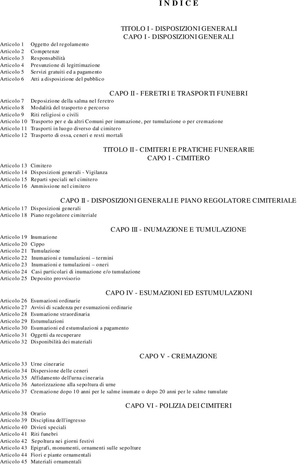 trasporto e percorso Articolo 9 Riti religiosi o civili Articolo 10 Trasporto per e da altri Comuni per inumazione, per tumulazione o per cremazione Articolo 11 Trasporti in luogo diverso dal