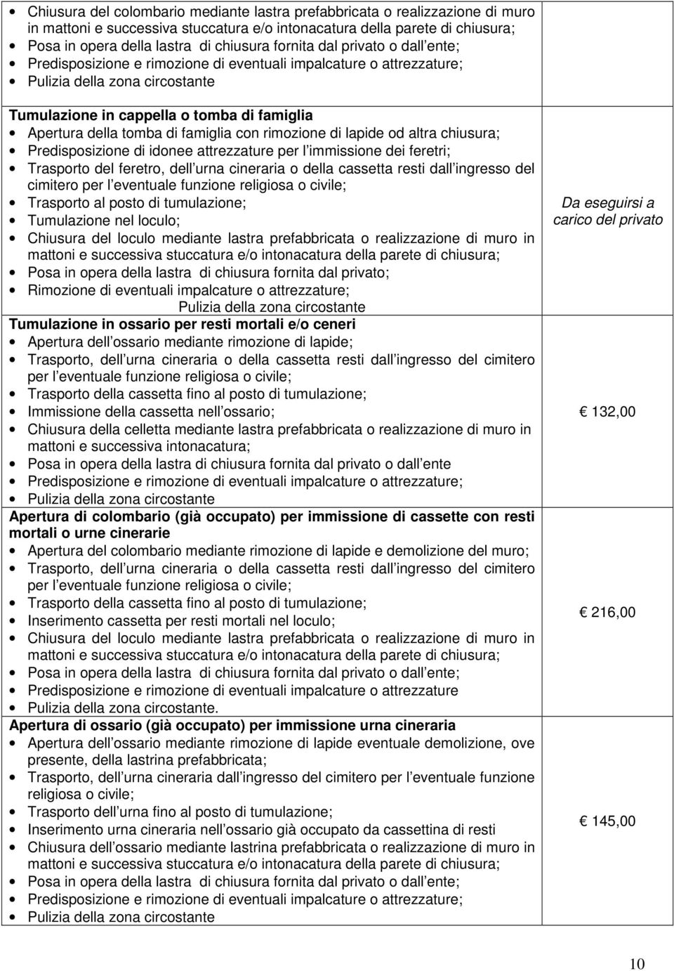 di famiglia con rimozione di lapide od altra chiusura; Predisposizione di idonee attrezzature per l immissione dei feretri; Trasporto del feretro, dell urna cineraria o della cassetta resti dall