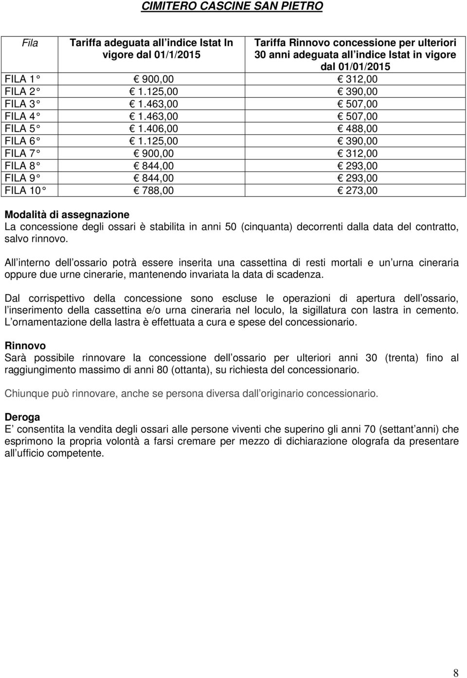 125,00 390,00 FILA 7 900,00 312,00 FILA 8 844,00 293,00 FILA 9 844,00 293,00 FILA 10 788,00 273,00 Modalità di assegnazione La concessione degli ossari è stabilita in anni 50 (cinquanta) decorrenti